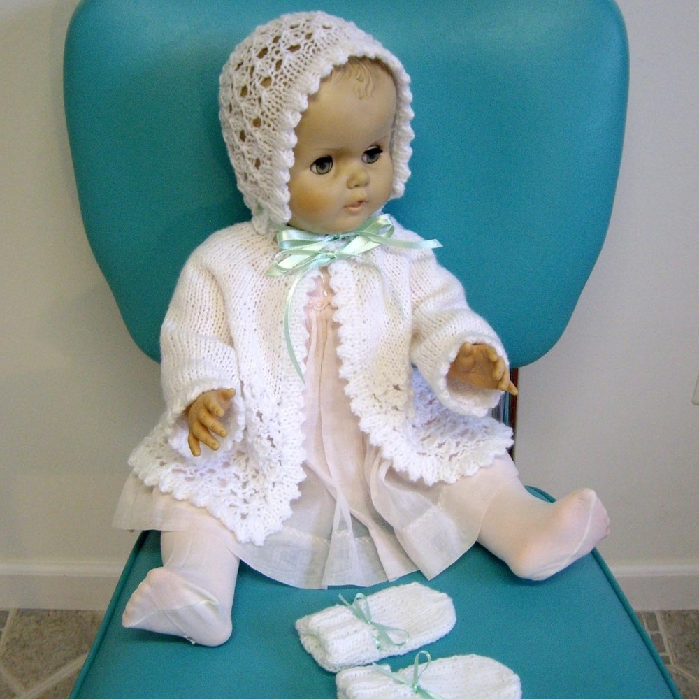 White Hand Knit Sweater/Bonnet/Mittens- 3-6 Months